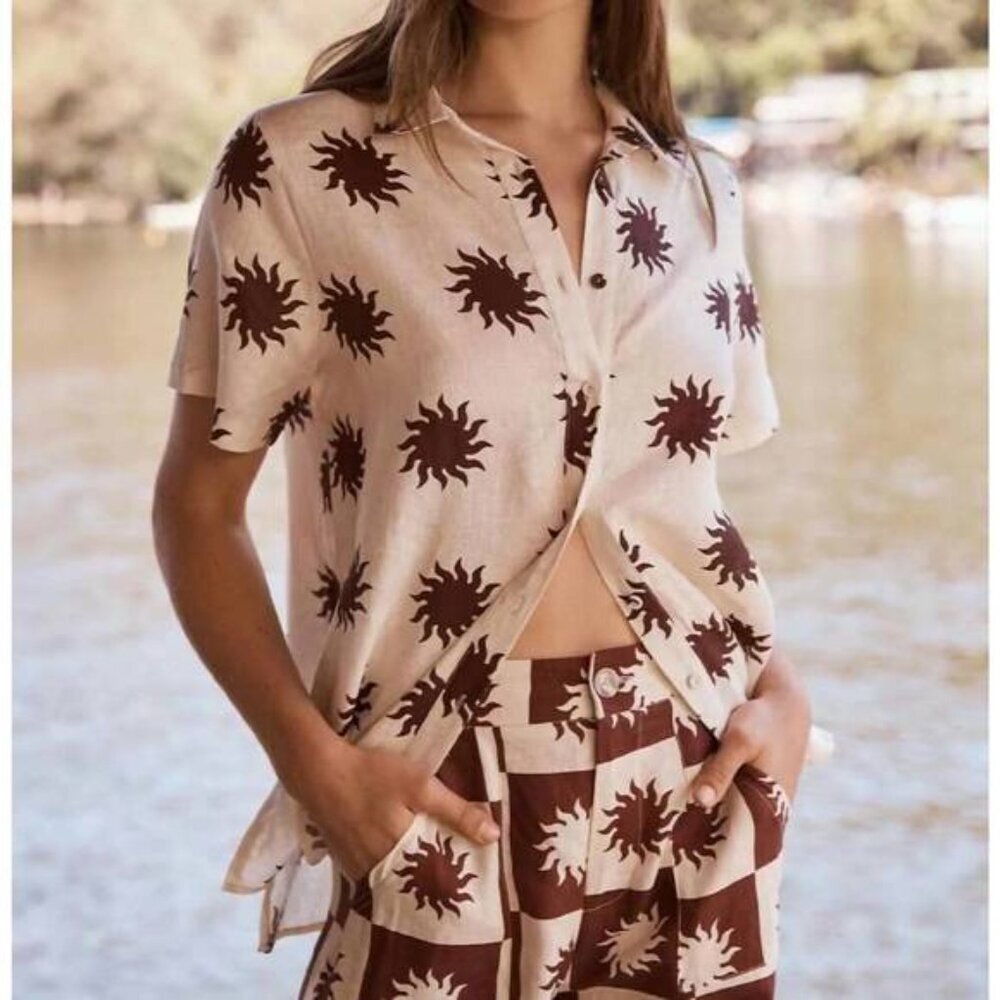 Little Lies Cream & Brown Sunny Linen Button Down Shirt S